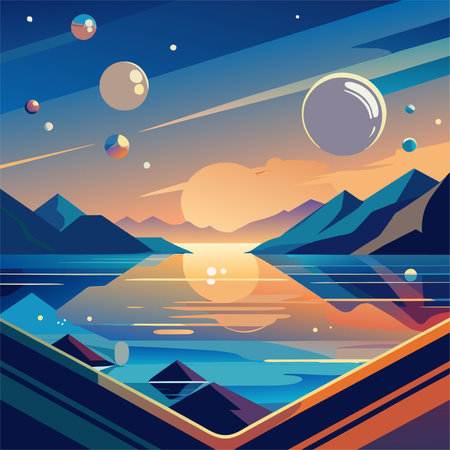 Landscape with mountains, lake, sun and moon. Vector illustrationのイラスト素材