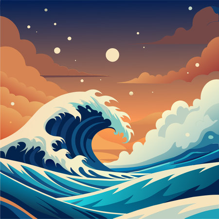 Vector illustration of a stormy ocean with big waves at sunset.のイラスト素材