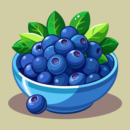 Blueberry in a blue bowl with green leaves. Vector illustration.のイラスト素材