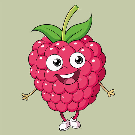 Cute cartoon raspberry fruit character isolated on green background. Vector illustration.のイラスト素材