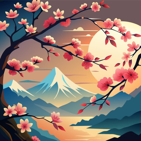 Cherry blossom and Mt. Fuji at sunset, vector illustrationのイラスト素材