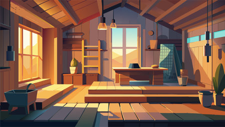 Interior of a cozy wooden house. Cartoon style. Vector illustrationのイラスト素材