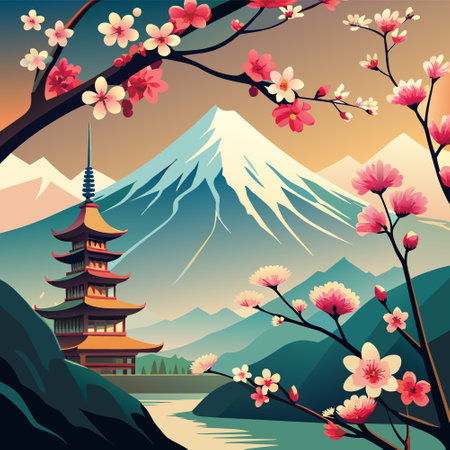 Japan landscape with pagoda, cherry blossom and mountains. Vector illustrationのイラスト素材