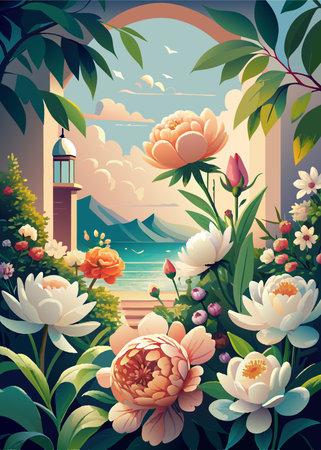 Vector illustration of a garden with flowers and a lighthouse in the backgroundのイラスト素材