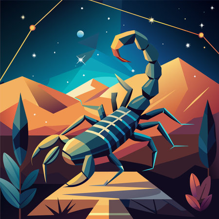 Scorpion in the mountains. Vector illustration in flat style.のイラスト素材