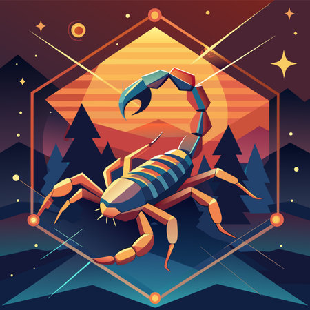 Vector illustration of a scorpion on the background of the night forest.のイラスト素材