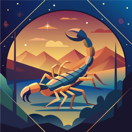 Scorpion on the background of the mountains. Vector illustration.