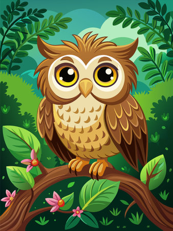Owl sitting on a branch in the forest. Vector illustration.のイラスト素材