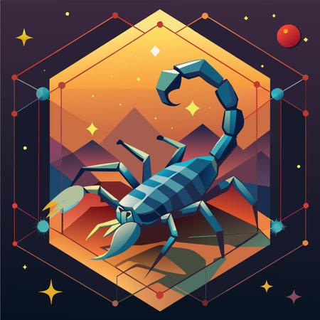 Vector illustration of a scorpion on a dark background with mountains and stars.のイラスト素材