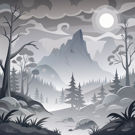 Landscape with mountains and forest. Vector illustration in cartoon style.のイラスト素材