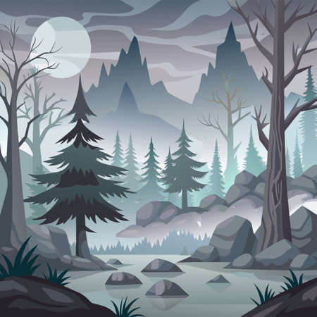 Landscape with river, forest and mountains at night vector illustration.のイラスト素材