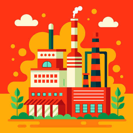 Factory. Industrial building. Vector illustration in flat style on orange background.のイラスト素材