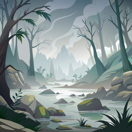 Forest landscape with river and rocks, vector illustration in cartoon style.のイラスト素材