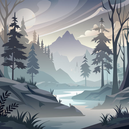 Mountain landscape with river and coniferous forest. Vector illustrationのイラスト素材