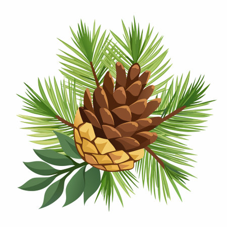 Pine cone with green leaves isolated on white background. Vector illustration.のイラスト素材