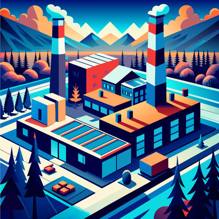 Vector isometric illustration of the city with a chimney and houses.のイラスト素材