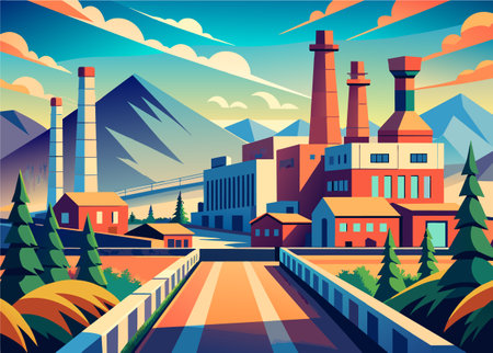 Vector illustration of industrial landscape with factory and road. Cartoon style.のイラスト素材
