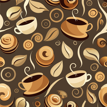 Seamless pattern with coffee cups and leaves. Vector illustration.のイラスト素材