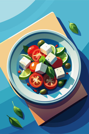 Greek salad with feta cheese, cherry tomatoes, olives and basil leaves in a bowl. Vector illustration.のイラスト素材