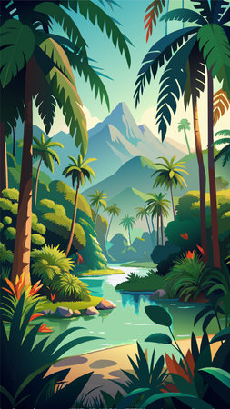 Beautiful tropical landscape with river and palm trees. Vector illustration.のイラスト素材