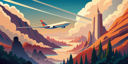 Airplane flying over the mountains. Vector illustration in flat style.のイラスト素材