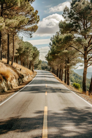 Asphalt road in the mountains with pine trees on the sides.の素材