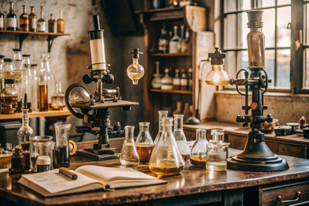 Laboratory glassware and test tubes on the table. scientific research.の素材