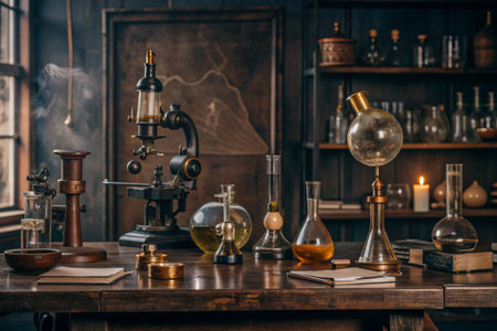 Vintage chemistry laboratory with microscope, test tubes and flasks.の素材