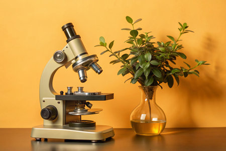 Microscope and plant on table against yellow background, science and education conceptの素材