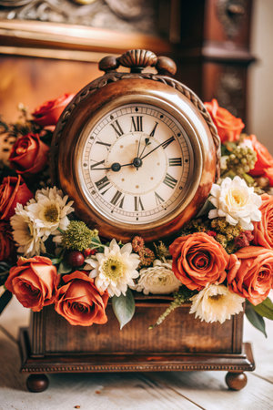 Vintage alarm clock on the background of a beautiful bouquet of flowersの素材