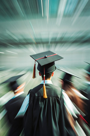 Graduates in their gowns and hats walking in the city.の素材