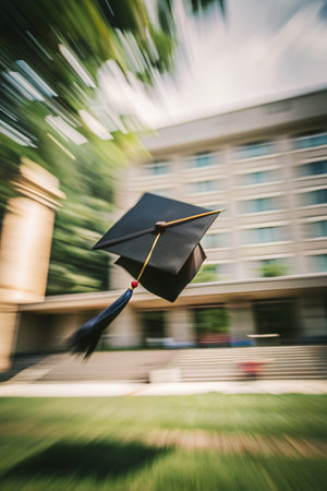 Graduation cap hanging on a black tassel in motion blurの素材