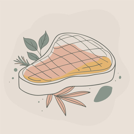 Illustration of a piece of meat on a light background with herbs.のイラスト素材