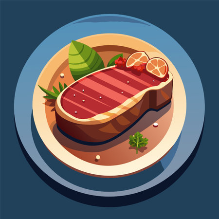 Beef steak with lemon and herbs on plate. Vector illustration.のイラスト素材