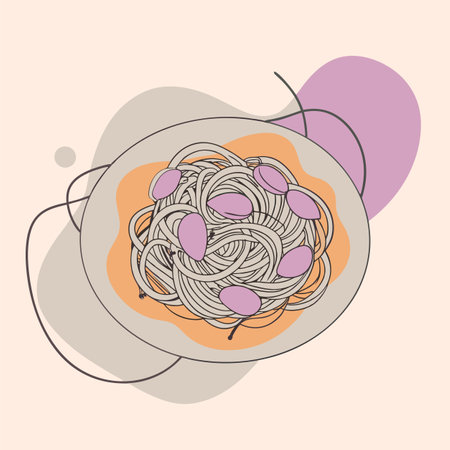 Illustration of spaghetti with tomato sauce and onions on a plate.のイラスト素材