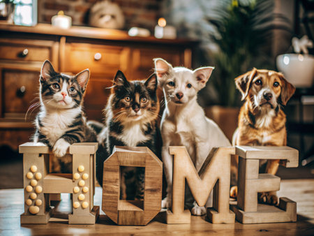 Group of cats and dogs at home with the word home in wooden letters.の素材
