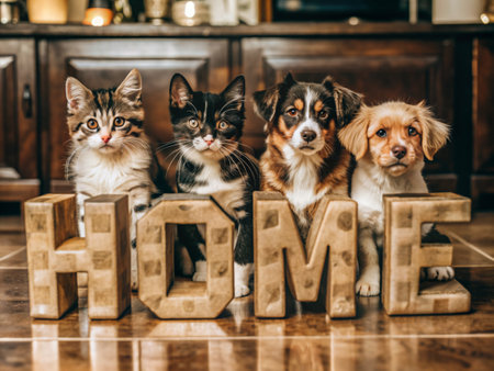 Group of cats and dogs at home in the kitchen with the word homeの素材