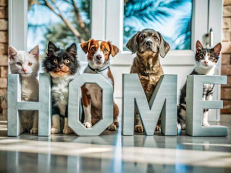 Group of cats and dogs at home. The word home is made of wooden letters.の素材