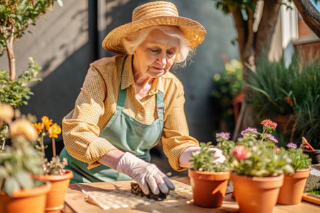 senior woman in straw hat planting flowers in terracotta potsの素材
