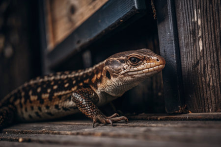 Portrait of a lizard on the background of a wooden door.の素材