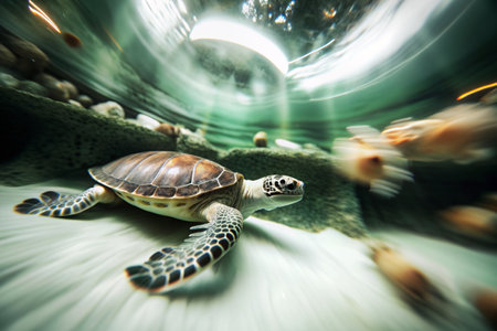 Green Sea Turtle swimming in the ocean. Underwater photo of sea animal.の素材