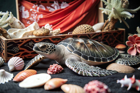 Sea turtle in a wooden box and seashells on black backgroundの素材