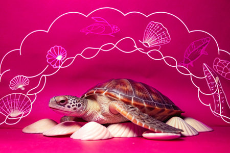 turtle on a pink background with seashells and white cloudsの素材