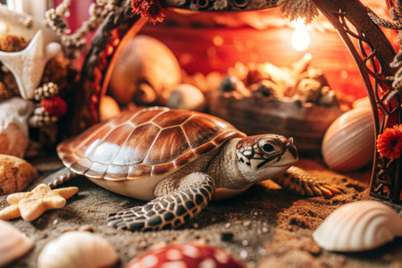 Christmas decoration with a turtle on the background of a Christmas wreathの素材