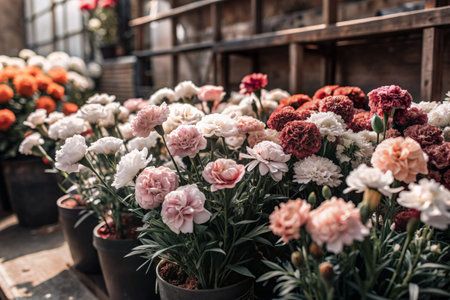 Colorful carnation flowers in flower shop - vintage effect style picturesの素材