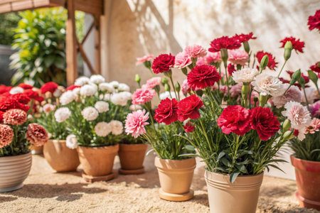 beautiful red and white carnation flower in flowerpot, stock photoの素材