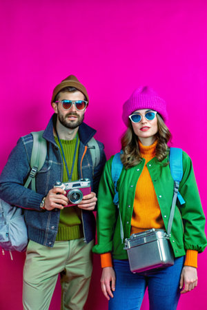 stylish hipster couple with retro camera on pink background, travel conceptの素材
