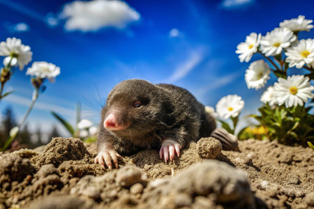 Mole on the ground with daisies in the background.の素材