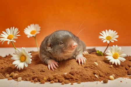 funny little rat in the sand with chamomile flowersの素材