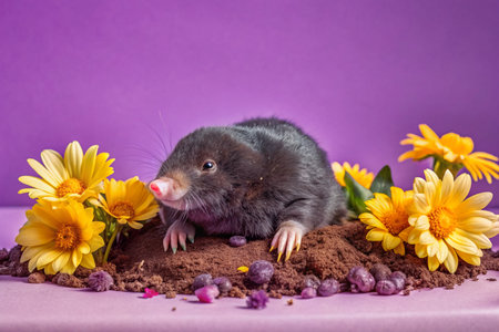 Mole with yellow flowers on a purple background. Studio photography.の素材